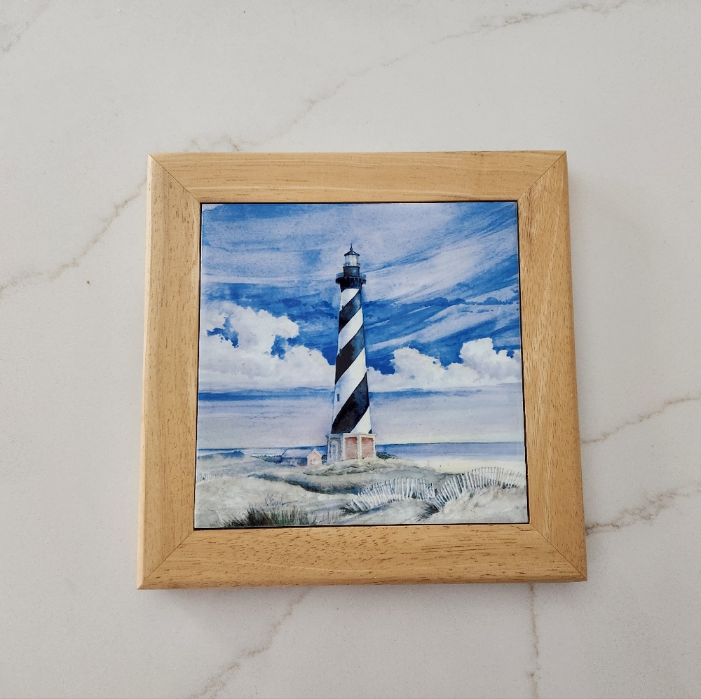 Lighthouse Art Tile Trivet with Wooden Frame